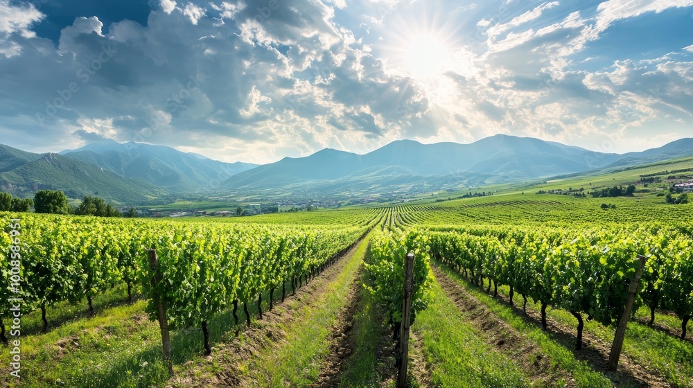 Fototapeta premium A vibrant view captures rows of lush grapevines stretching into the distance under a bright sky, located in the famous kakheti wine region of georgia, a key area known for its viticultural heritage.