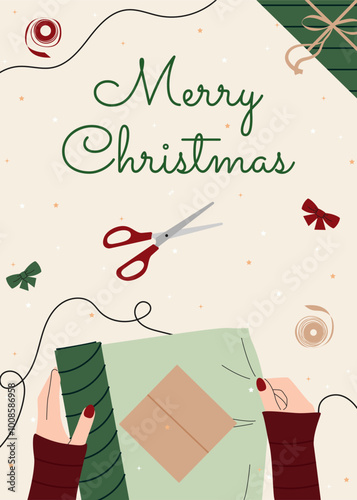 Greeting card with Christmas gift wrapping. A close-up of hands elegantly wrapping Christmas presents with colorful green wrapping paper, ribbons, and bows. Xmas card. Box wrapping vector flat 
