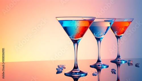 Joyful clinking cocktail glasses with vibrant abstract designs and ample space for side text photo