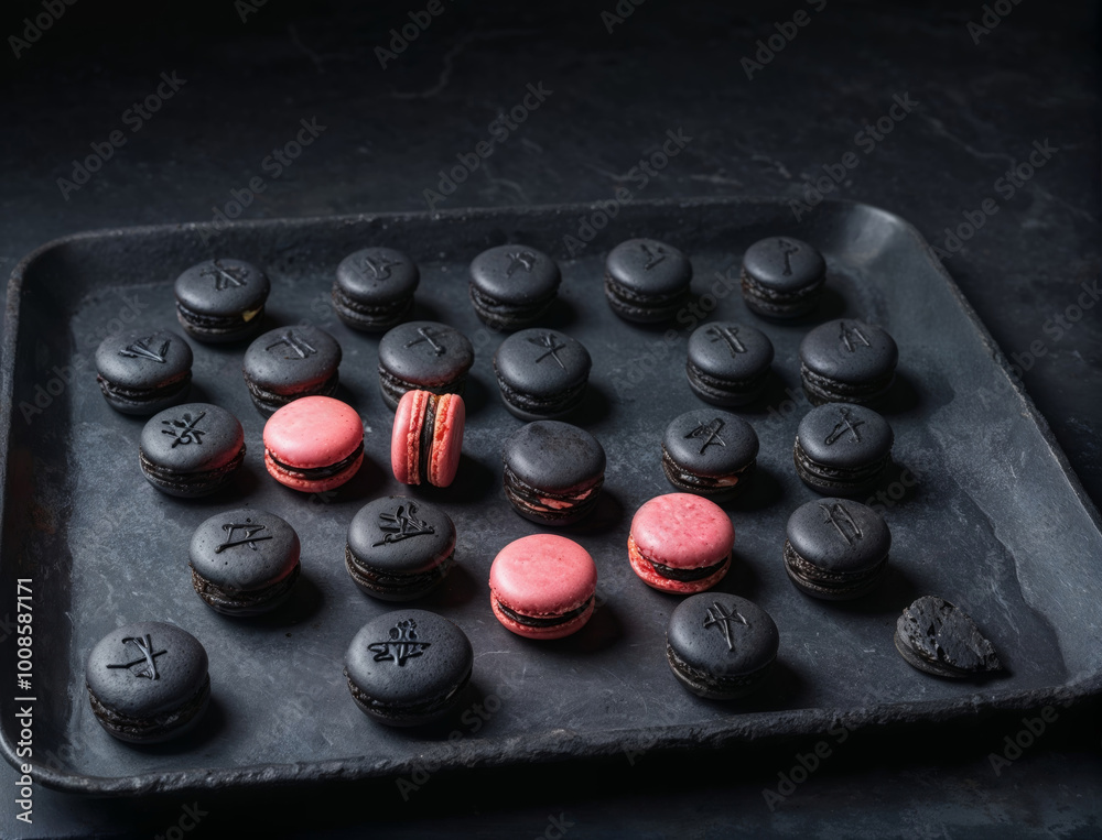 Dark Delights: A Symphony of Black and Pink Macarons with Intricate Designs Dark Delights: A Symphony of Black and Pink Macarons with Intricate Designs