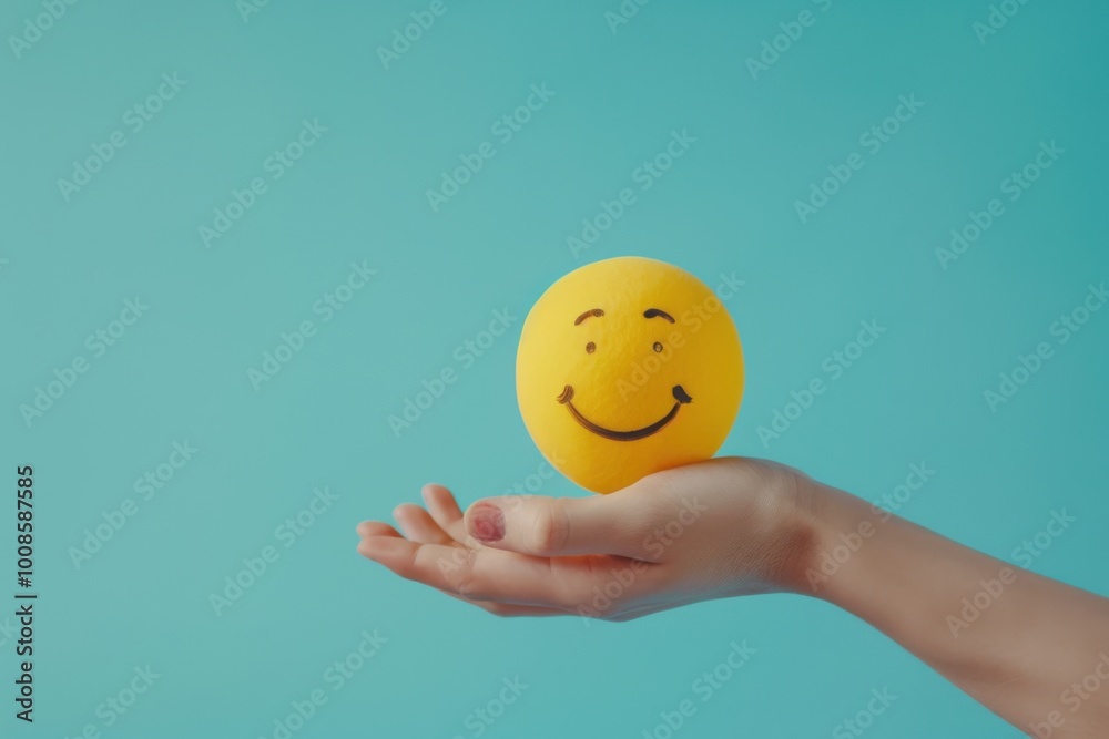 Yellow Smiley Face Held in Hand Against Blue Background for Positive Vibes






