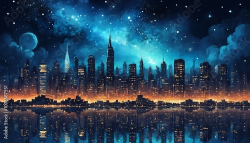 city night full of stars illustration background