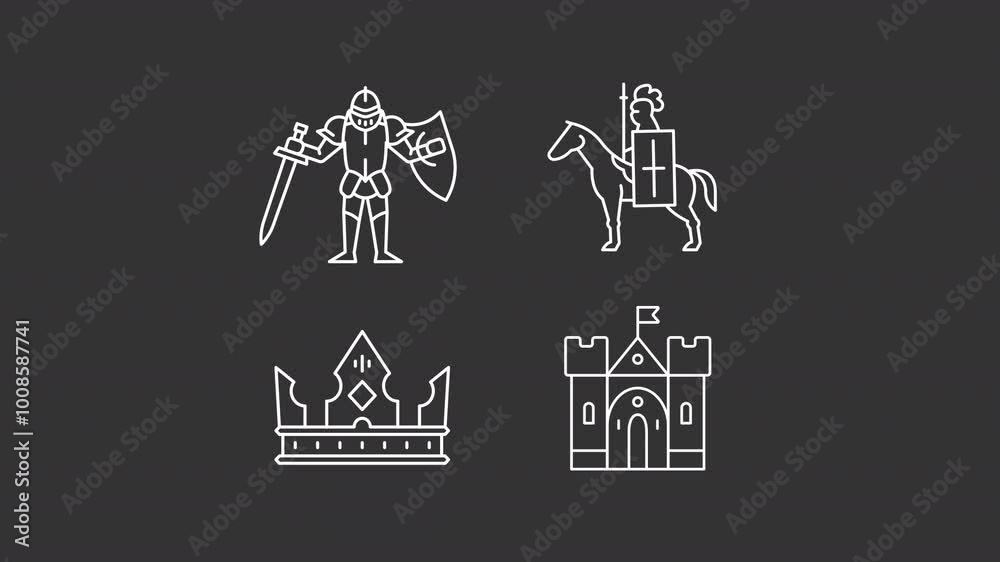 Animated medieval time white icons. Chivalry line animation library. Middle ages. Kingdom fortress and warriors. Isolated illustrations on dark background. Transition alpha. HD video. Icon pack Animated medieval time white icons. Chivalry line animation library. Middle ages. Kingdom fortress and warriors. Isolated illustrations on dark background. Transition alpha. HD video. Icon pack