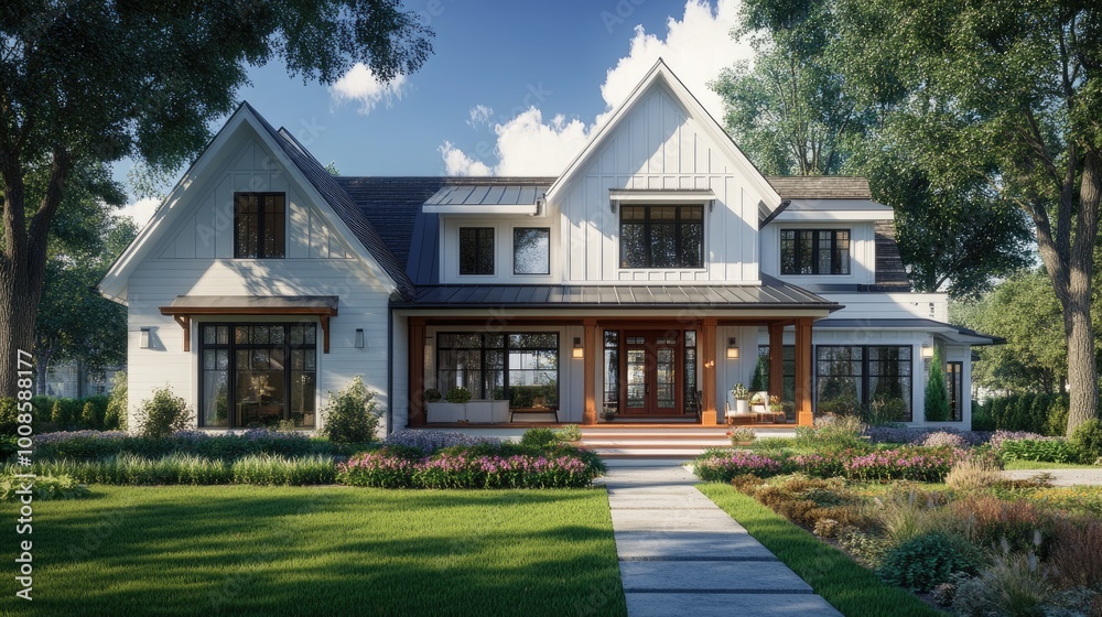 A front-facing view of a craftsman-style home featuring white walls and bold red accents, surrounded by manicured lawns in a peaceful suburban neighborhood. A front-facing view of a craftsman-style home featuring white walls and bold red accents, surrounded by manicured lawns in a peaceful suburban neighborhood.