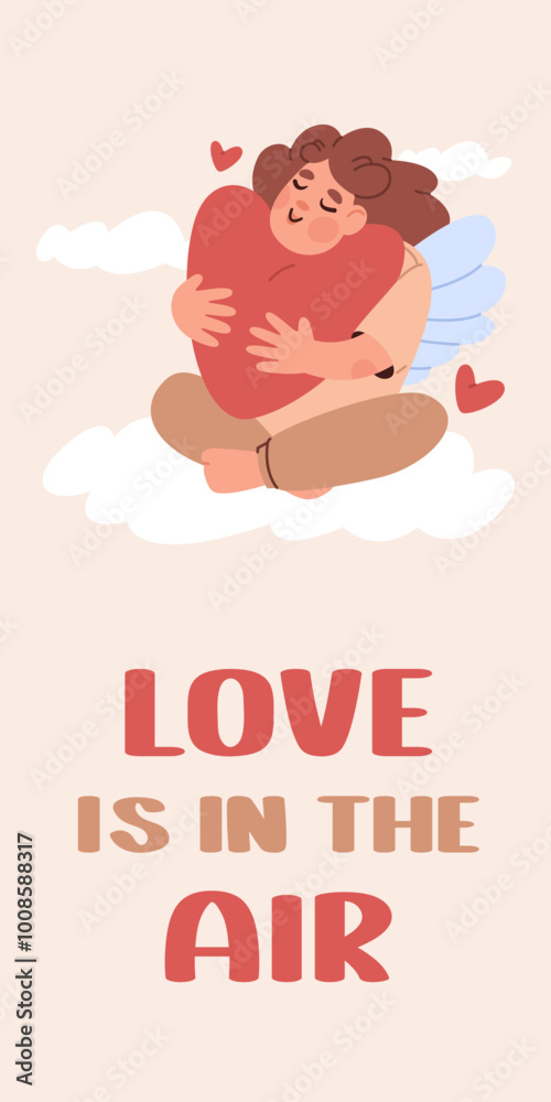 Valentines day vertical poster. Cute little girl cupid sits on fluffy cloud and gently hugs large heart. Design template, vector illustration Valentines day vertical poster. Cute little girl cupid sits on fluffy cloud and gently hugs large heart. Design template, vector illustration