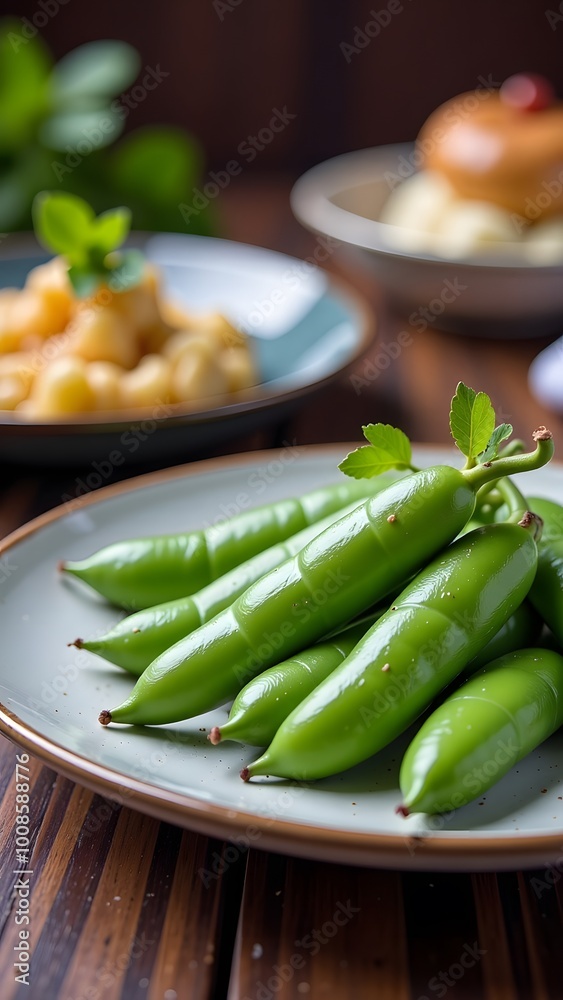 Fresh green peas arranged beautifully on a plate, showcasing their vibrant color and texture. Fresh green peas arranged beautifully on a plate, showcasing their vibrant color and texture.