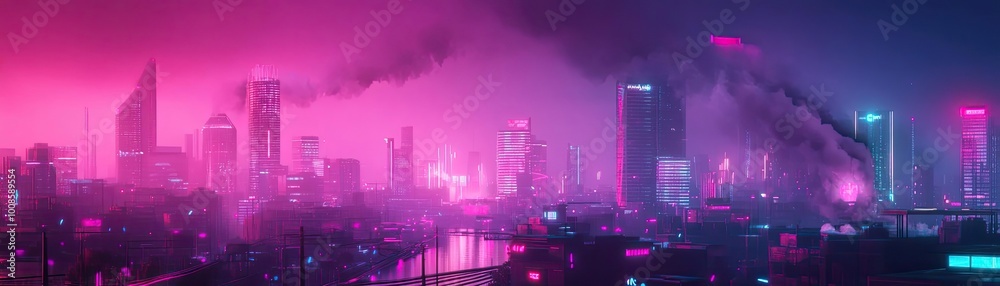 Obraz premium Futuristic cityscape with neon lights, vibrant colors, and atmospheric effects depicting a captivating urban night scene.