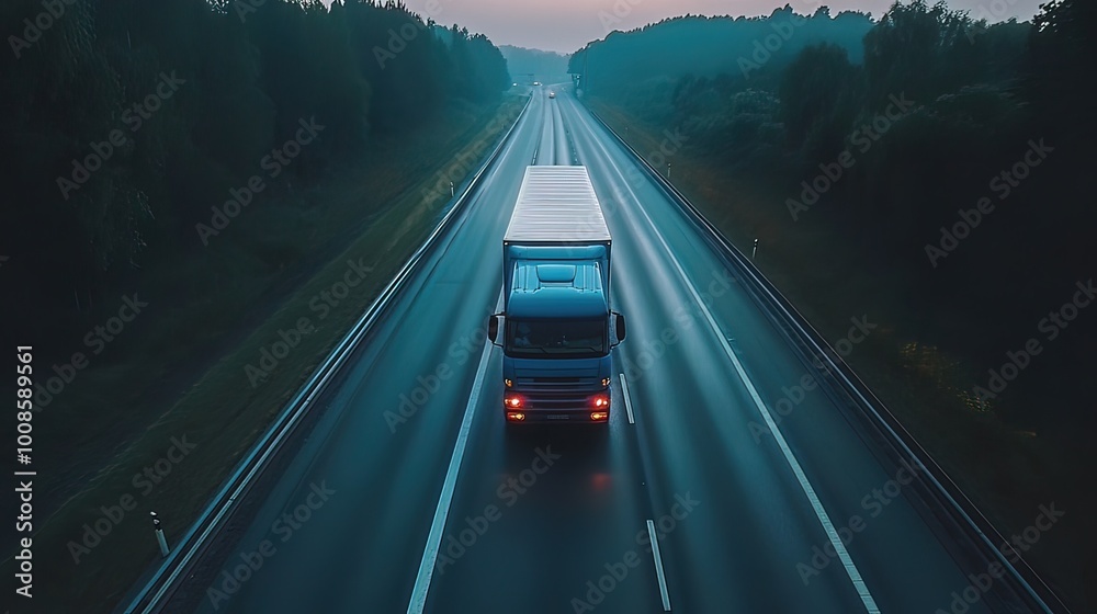 Truck on the Highway in a Foggy Evening Truck on the Highway in a Foggy Evening