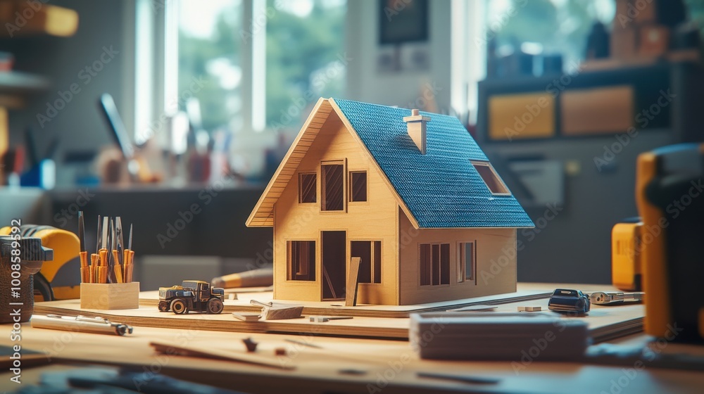 A crafted wooden house stands prominently on a workbench filled with tools and materials. Sunlight brightens the cozy workshop, highlighting intricate designs A crafted wooden house stands prominently on a workbench filled with tools and materials. Sunlight brightens the cozy workshop, highlighting intricate designs