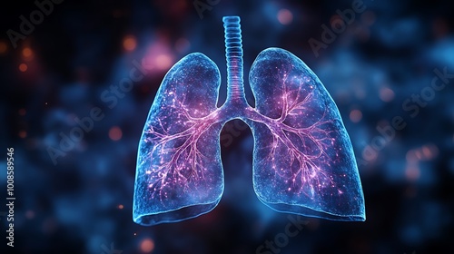  Human lungs. Cancer and respiratory diseases of the pulmonary system. The science of pulmonology in the treatment of tuberculosis, asthma and bronchitis. 3D organ with a red and blue background. 