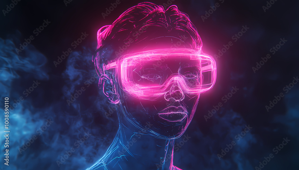 Futuristic hologram of a person with VR glasses immersed in gaming Futuristic hologram of a person with VR glasses immersed in gaming