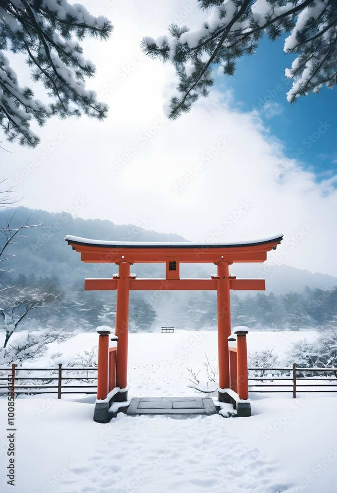 Serene Japanese Tori Gate with Winter Snow Serene Japanese Tori Gate with Winter Snow