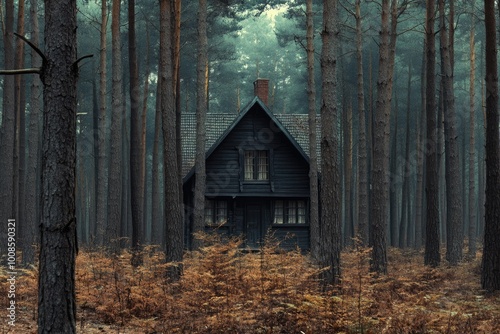 A Dark Wooden Cabin Hidden in a Foggy Forest