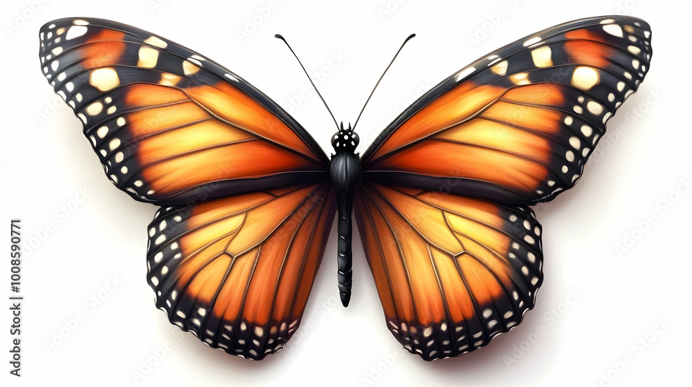 Obraz premium Detailed Illustration of a Monarch Butterfly with Orange and Black Wings Spread Open Against a White Background