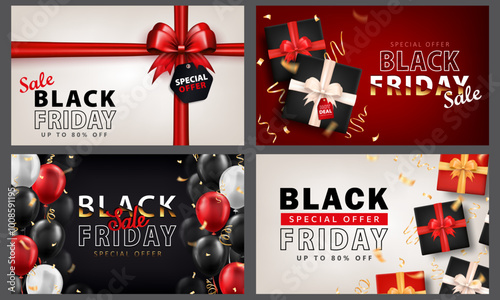 Set of Black Friday banners with 3d gift boxes, bow ribbon, price tags, glossy balloons and golden confetti. Black, red, white wallpapers, SALES cards with discount advertisement for shopping event