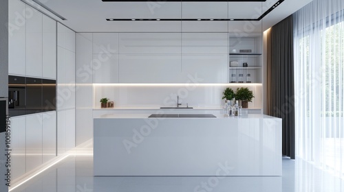 An immaculate white kitchen with a waterfall island, integrated LED lighting, and high-gloss cabinetry