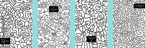 Abstract linear doodle pattern poster set. Black bold marker outline chaotic decoration print. Modern trendy placard design with freehand scribble lines. Contemporary monochrome art graphic wallpaper