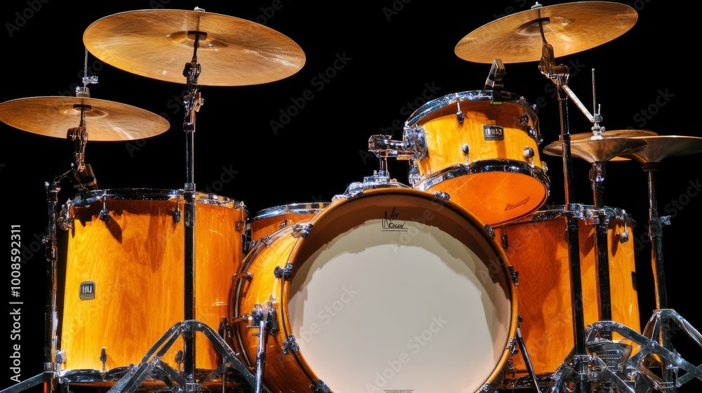 Fototapeta premium Orange Wooden Drumset On Stage, Five Piece Drum Kit, Rhythm Section Instrument Close-Up.