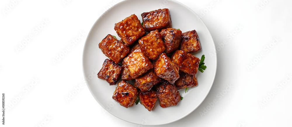 A close up of Fried Tempeh on a white plate against a white background with copy space image Indonesian cuisine crafted from soybeans Top down shot with clipping path A close up of Fried Tempeh on a white plate against a white background with copy space image Indonesian cuisine crafted from soybeans Top down shot with clipping path
