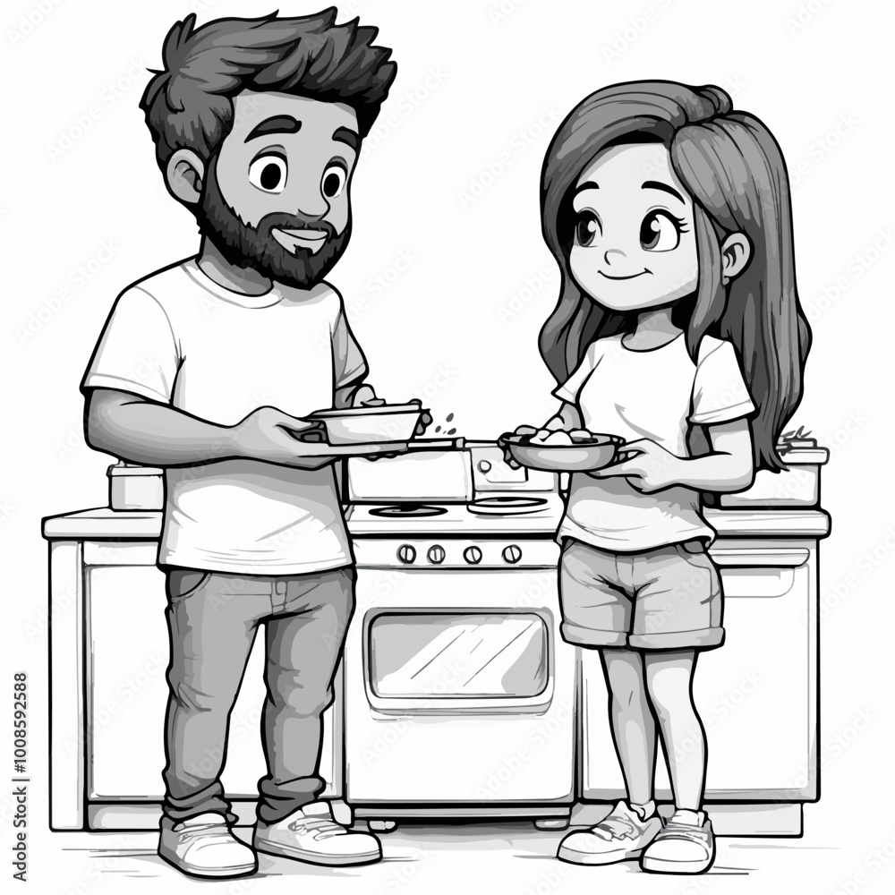 Black-and-white cartoon illustration of a happy couple preparing food in the kitchen, symbolizing love, teamwork, and cooking together