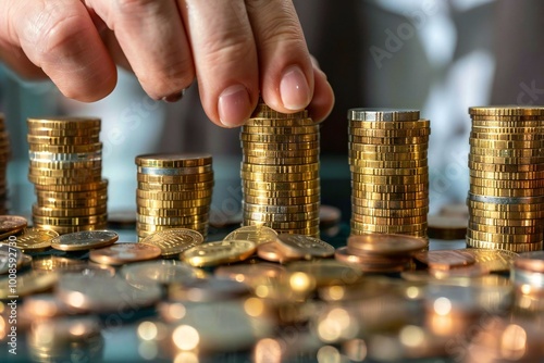 close-up shot of a businessperson's hand covering stacked coins on a golden weighing scale. photo