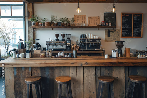 A wooden counter with stools in front of a coffee shop