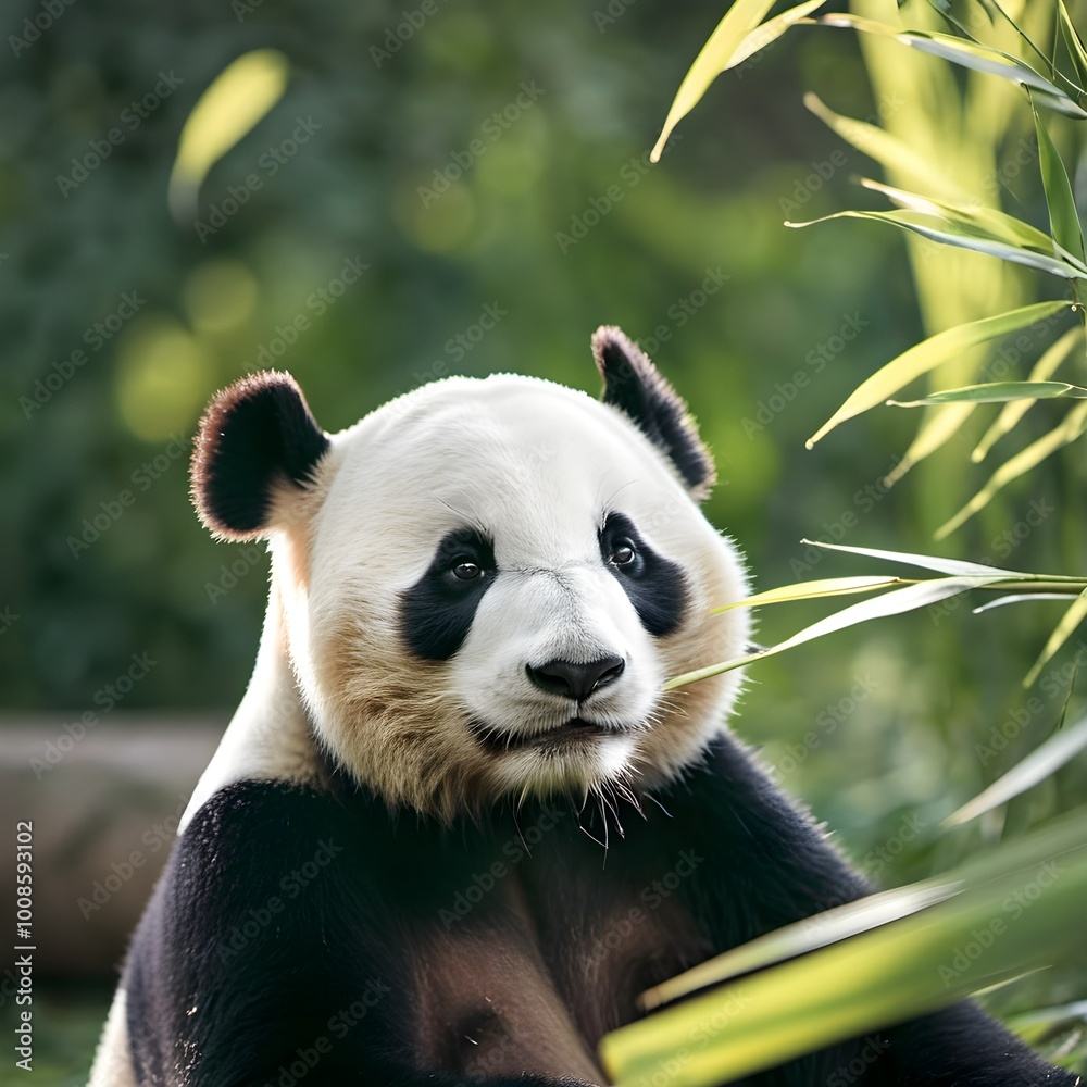 Obraz premium Adorable Giant Panda Eating Bamboo in Chengdu's Forest