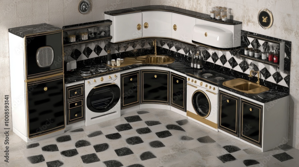 Fototapeta premium A high-end kitchen featuring contrasting black and white cabinetry with golden fixtures, set against a backdrop of sleek marble tiles, perfect for modern interiors.