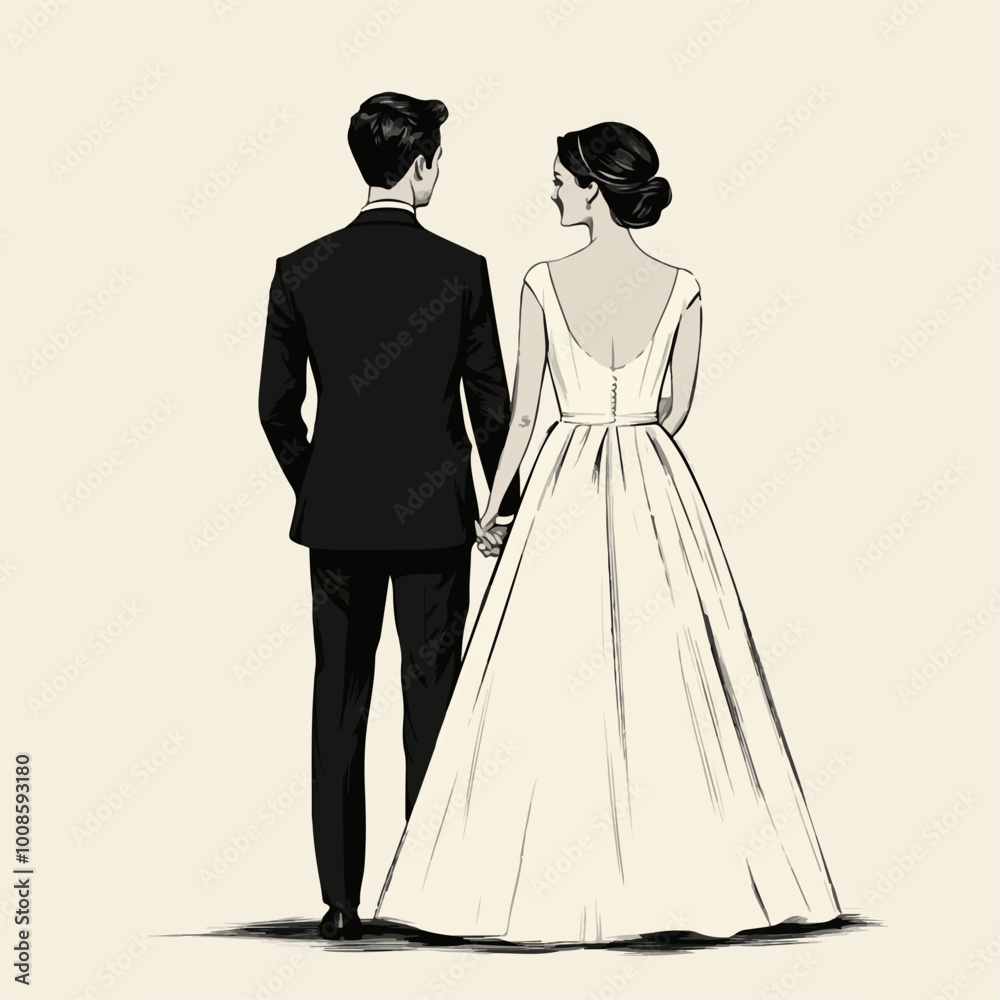 Elegant illustration of a bride and groom standing hand in hand, viewed from the back, symbolizing love, unity, and commitment on their wedding day Elegant illustration of a bride and groom standing hand in hand, viewed from the back, symbolizing love, unity, and commitment on their wedding day