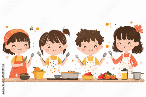 Illustration of four happy children in aprons cooking together, surrounded by kitchen utensils and food ingredients, symbolizing teamwork, creativity, and fun cooking activities for kids