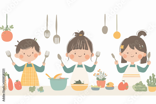 Illustration of three smiling children in aprons cooking together, surrounded by vegetables and kitchen utensils, symbolizing teamwork, healthy eating, and fun in the kitchen