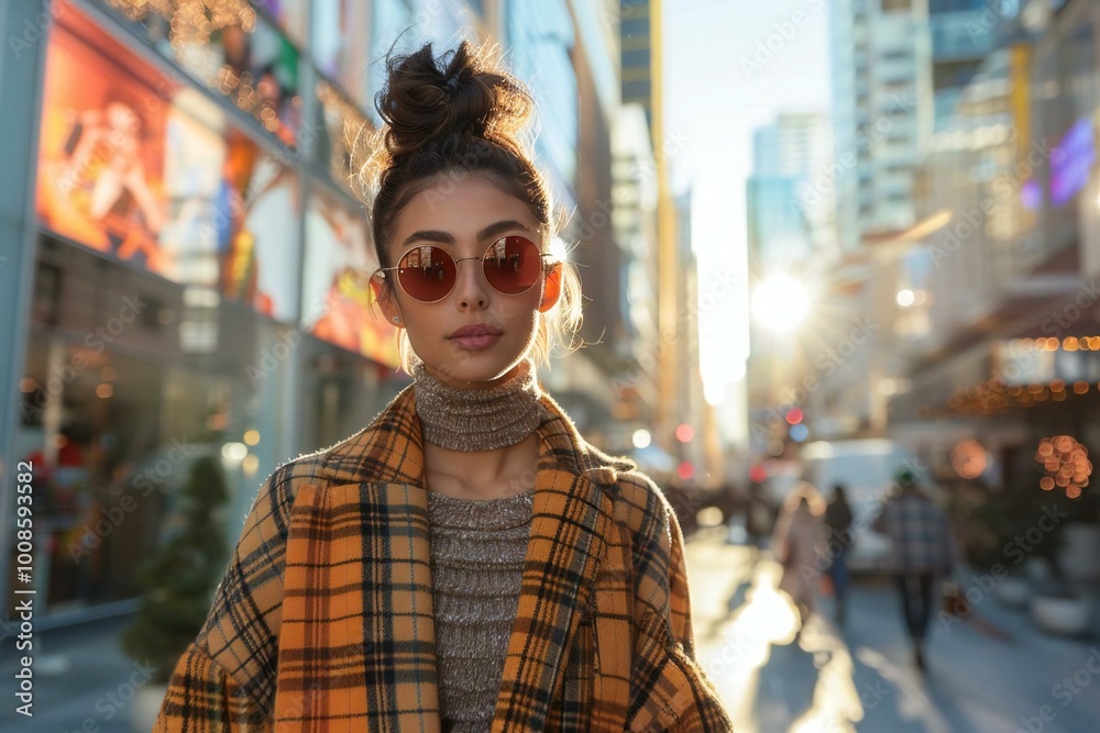 Fototapeta premium American woman in stylish outfit walking down city street with vibrant urban background, fashion, street style, cityscape, trendy, young, female, sidewalk, buildings, chic, confident