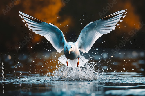 A seagull flying over a body of water with its wings spread out photo