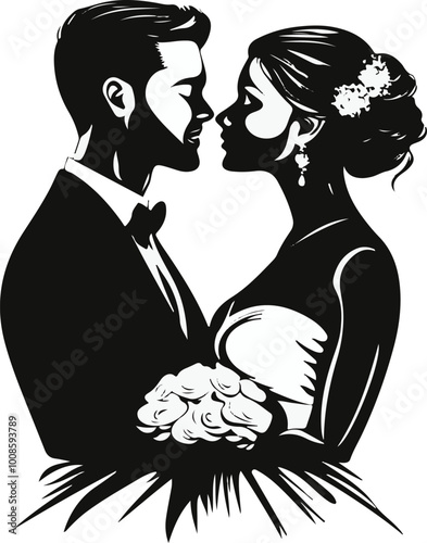 Black-and-white illustration of a bride and groom standing closely, gazing into each other's eyes, holding a bouquet, symbolizing love, marriage, and commitment