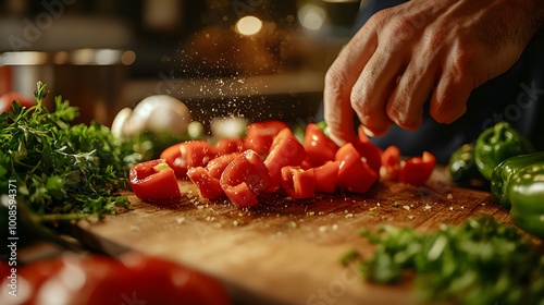A close-up of a chef's hand chopping fresh tomatoes with herbs in a kitchen setting.