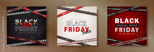 Set of square banners with crossed tapes and sale advertising text for Black Friday. Promotional social media posts or cards with discount ribbons. Marketing posters with special offer, hot deal info