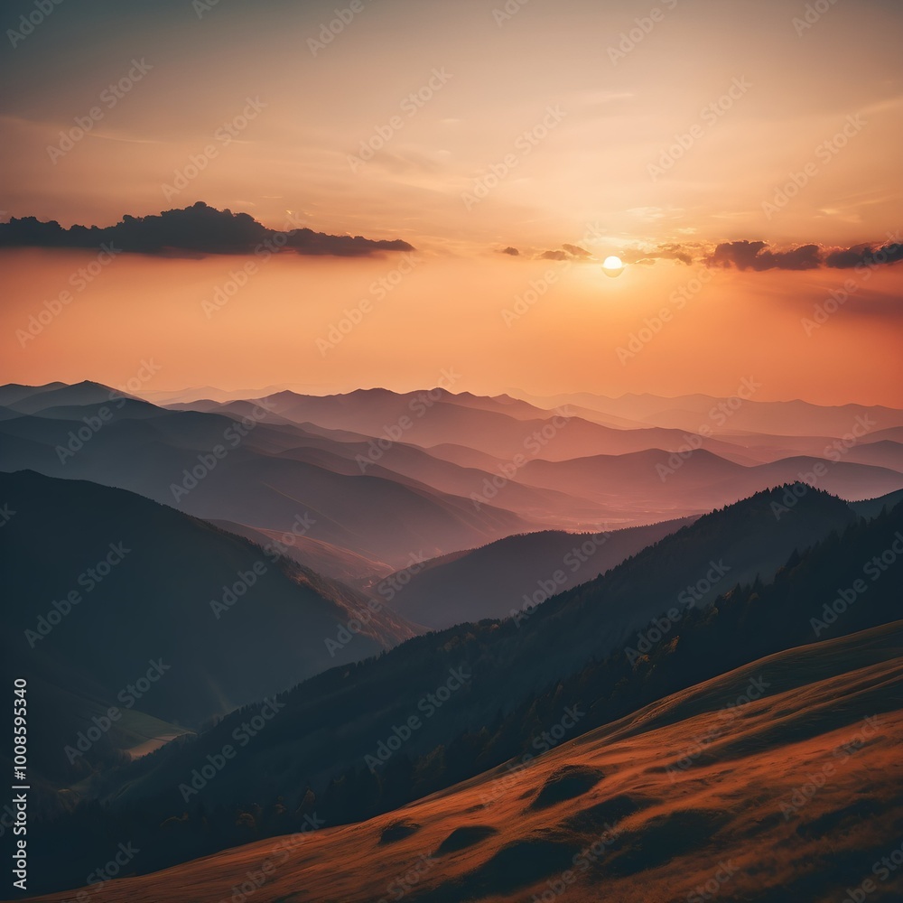 Obraz premium Golden Hour Majesty: Sunset Over Majestic Mountains