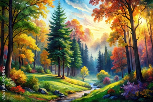 Wallpaper Mural Lush Watercolor Forest Landscape Painting with Vibrant Trees, Greenery, and Soft Natural Light Effects Torontodigital.ca