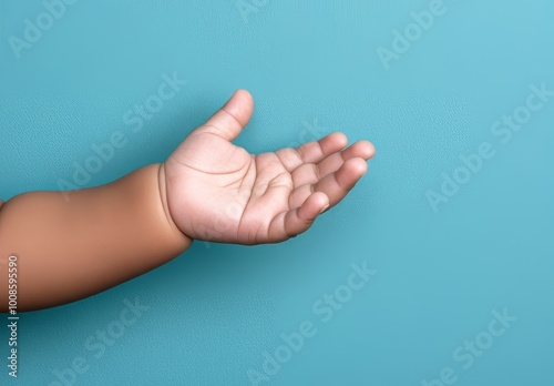 Close-Up of Child's Hand Listening to Teacher on Blue Background photo