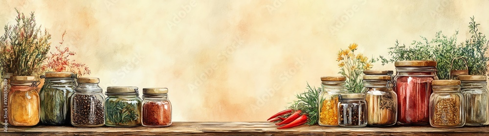 Watercolor illustration of an old wooden table with glass jars filled with spices and herbs, on a beige background. Banner Watercolor illustration of an old wooden table with glass jars filled with spices and herbs, on a beige background. Banner