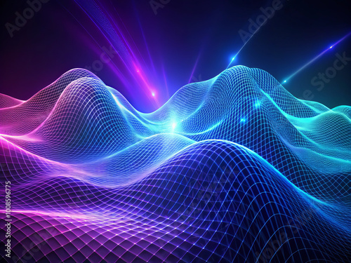 Illuminated wave mesh in electrifying blue and purple hues creates mesmerizing visual experience, showcasing dynamic movement and depth in digital landscape photo