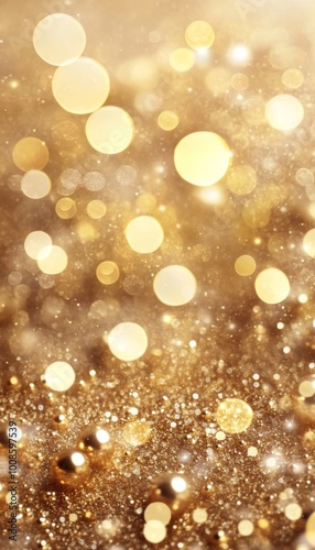 Festive background with glittering gold sparkles, bokeh effect, and champagne bubbles