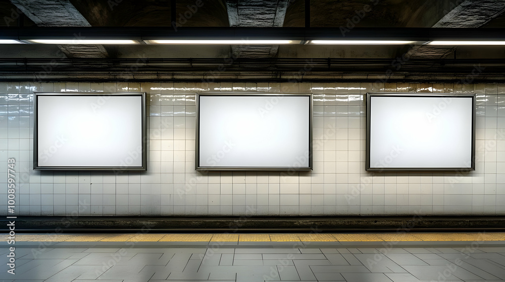 Three Blank Advertisement Billboards Mounted on a Subway Station Wall Three Blank Advertisement Billboards Mounted on a Subway Station Wall