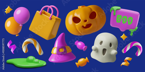 Halloween 3d pumpkin, ghost, witch hat and holiday shopping decorative elements collection. Trick or treat sale vector design set.