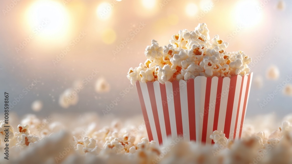 Freshly popped popcorn in a classic striped container with a blurred background, evoking the fun of festivals. Realistic, very detailed