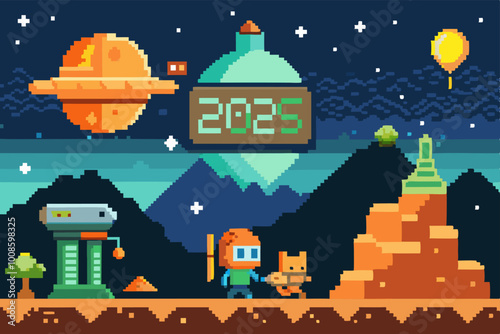 Pixel art adventure 2025: space exploration with astronaut and robot cat on alien planet