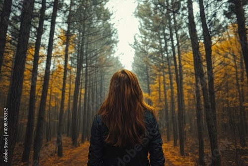 A Woman Walks Through a Foggy Autumn Forest