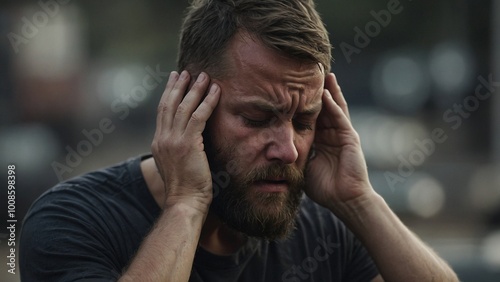A close-up expressive photo portrait of distressed worried crying bearded man person clutching his head with his hands with suffering expression on his face. Pain, headache, migraine, loss, grief.