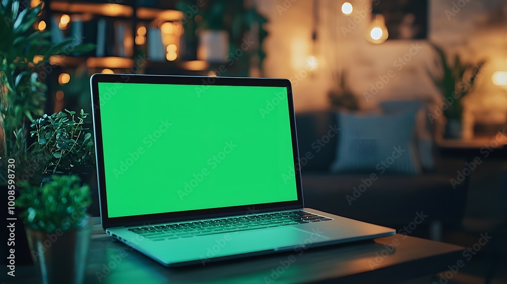 A sleek laptop with a green screen, set in a cozy evening environment. A sleek laptop with a green screen, set in a cozy evening environment.