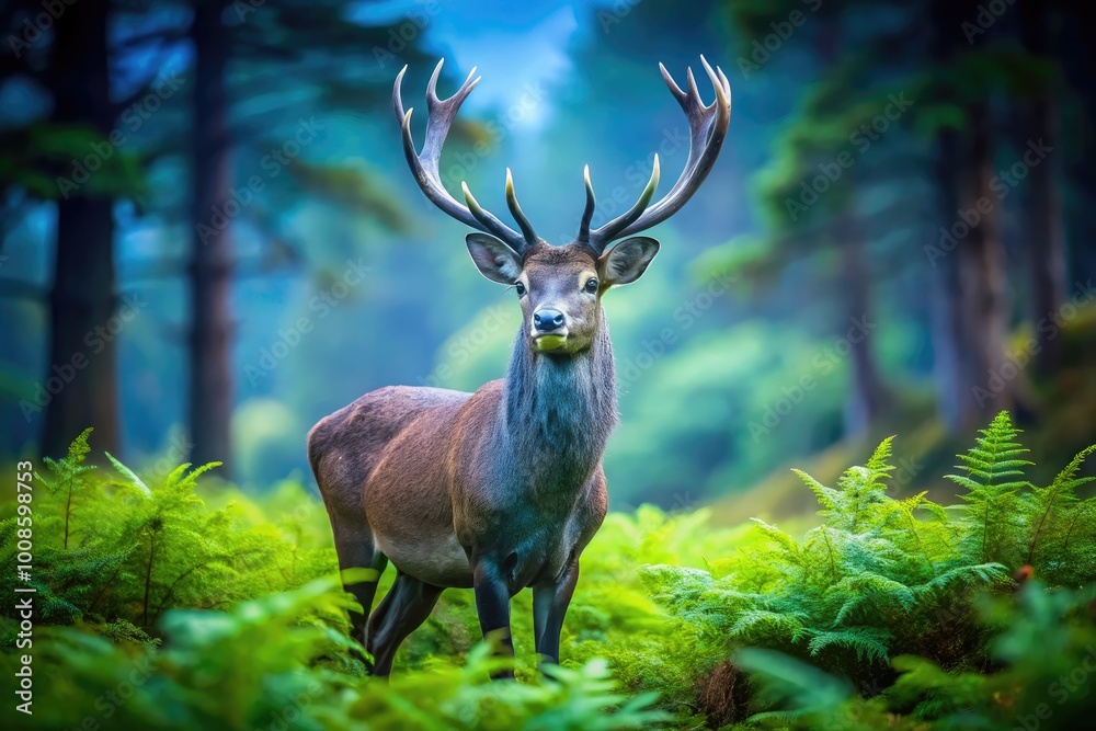 Fototapeta premium Majestic Blue Stag Standing Proudly in a Serene Forest Setting with Lush Greenery Surrounding It